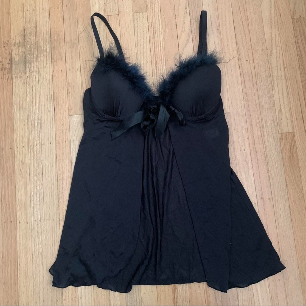 Y2K Style Black Feather Trim Babydoll